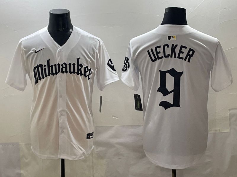 Men 2025 Milwaukee Brewers #9 Uecker White Five generations Joint Name Nike MLB Jersey style 01->milwaukee brewers->MLB Jersey